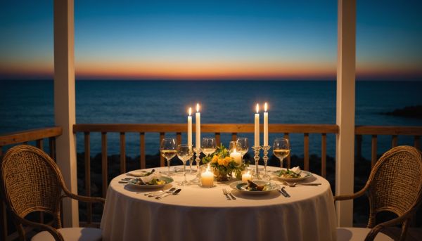 Diner aux chandelles face aux vagues de l'ocean
